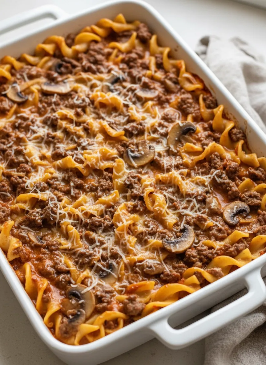 A dish of pasta with mushrooms and meat.