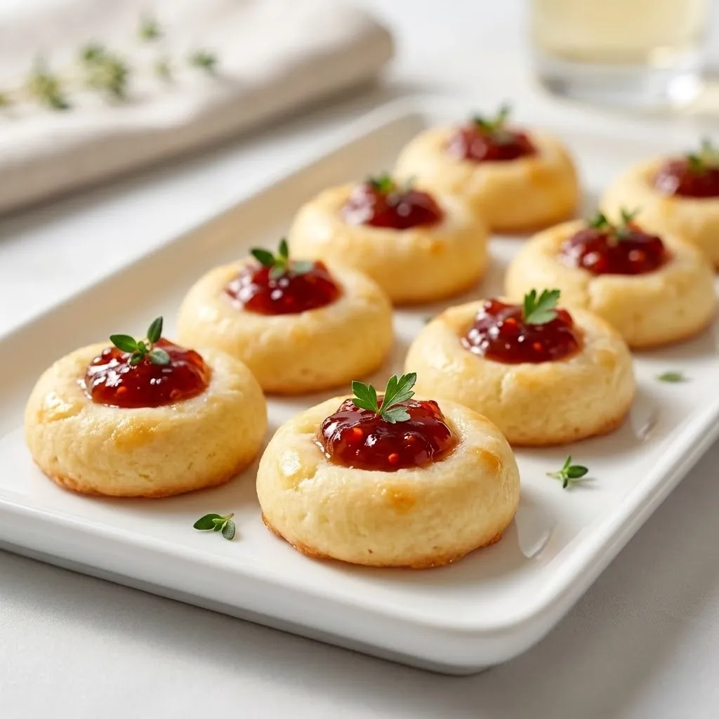 A plate of cookies with jam on top.