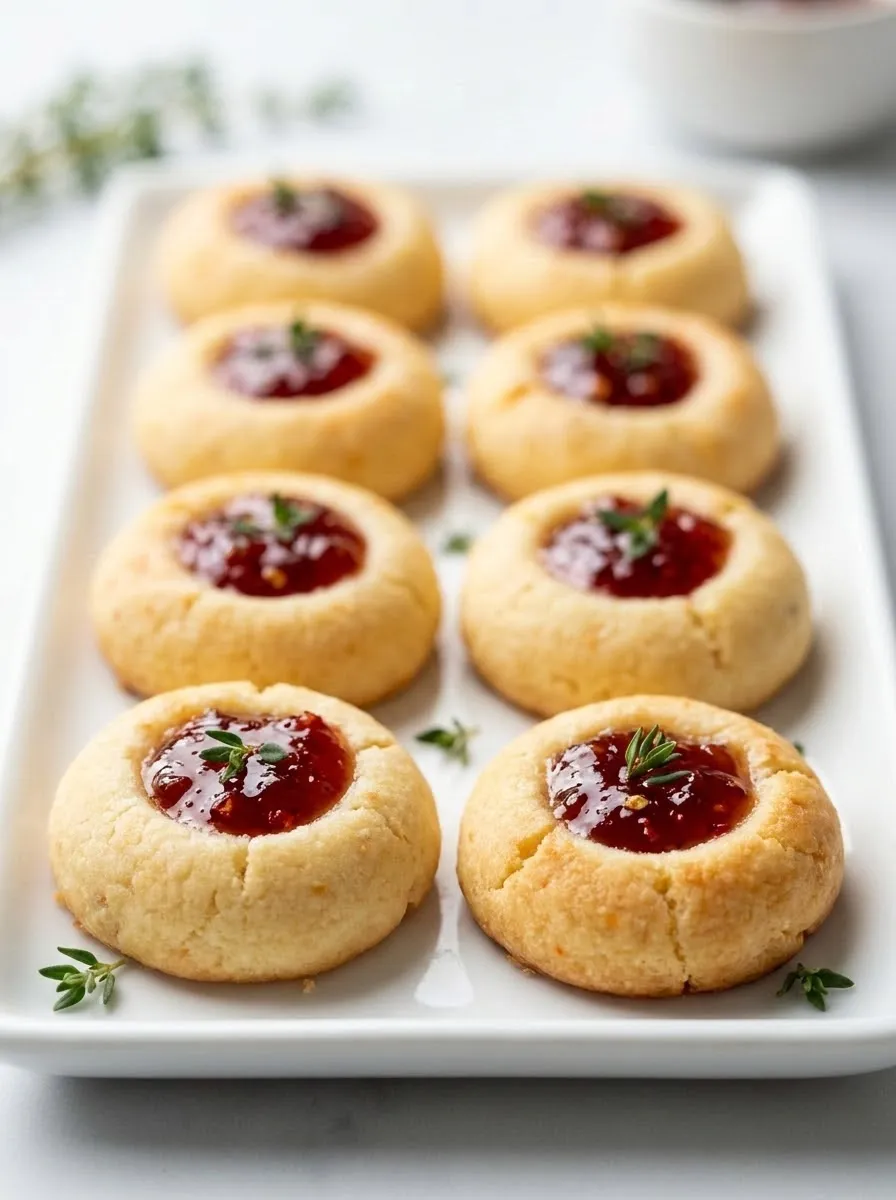 A plate of cookies with jam in the middle.