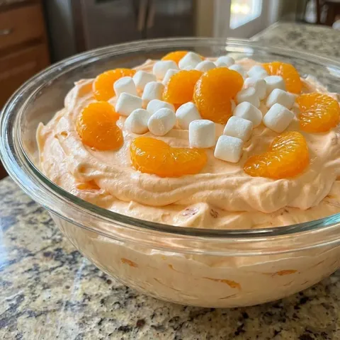 A bowl of orange cake with marshmallows on top.