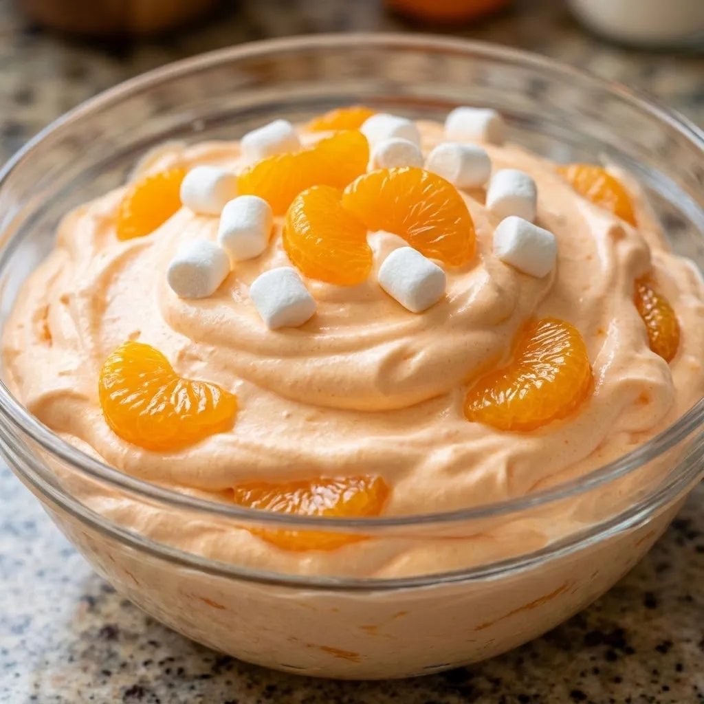 A bowl of orange cream with marshmallows on top.