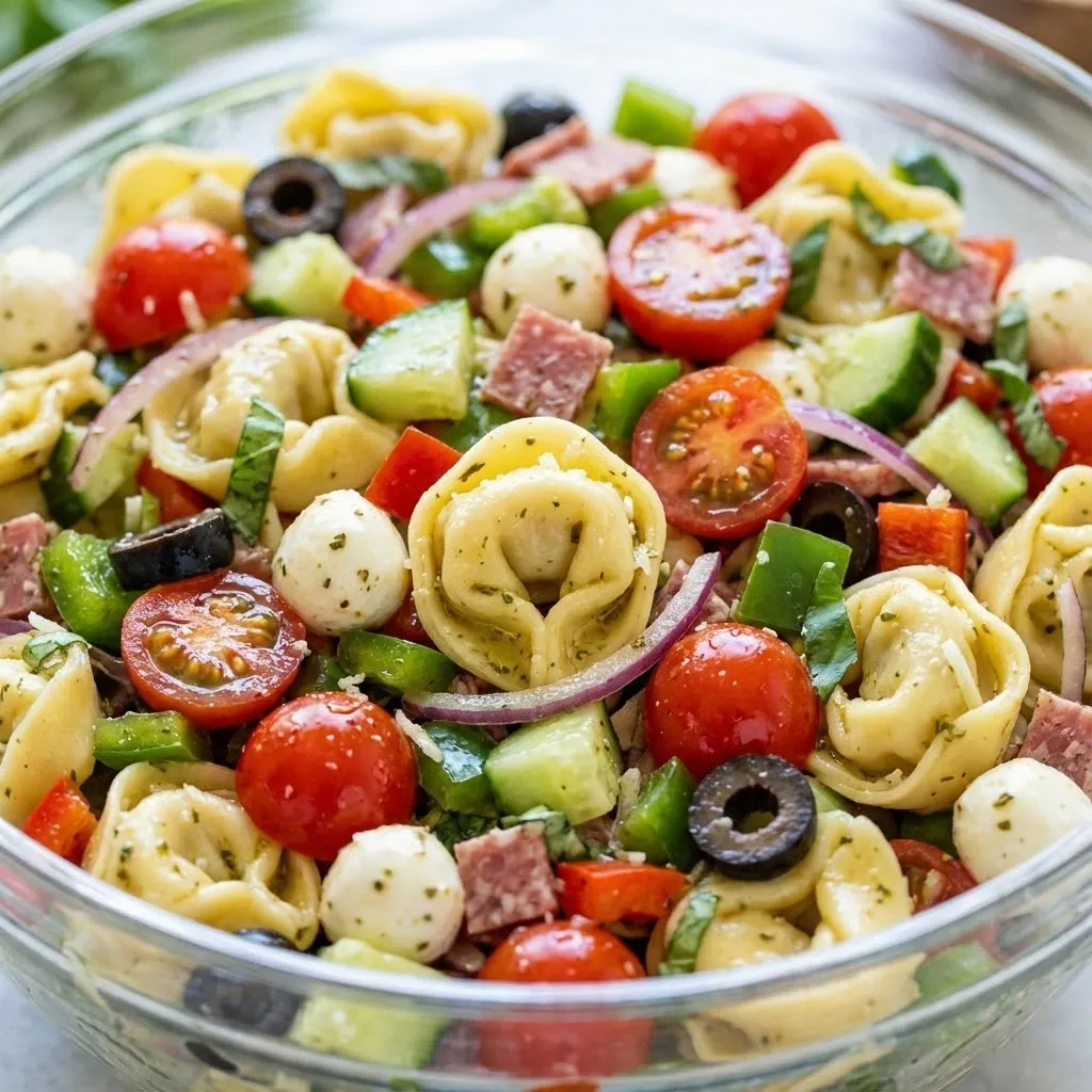 A bowl of pasta salad with tomatoes, cucumbers, olives, and pasta.