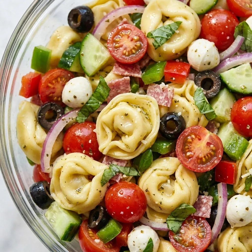 A bowl of pasta salad with tomatoes, cucumbers, olives, and cheese.