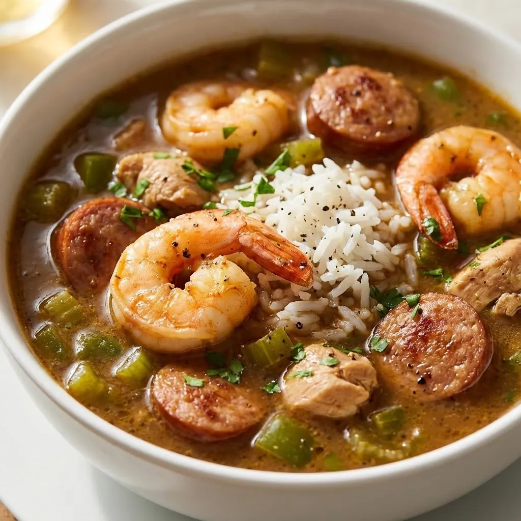 A bowl of soup with shrimp and rice.