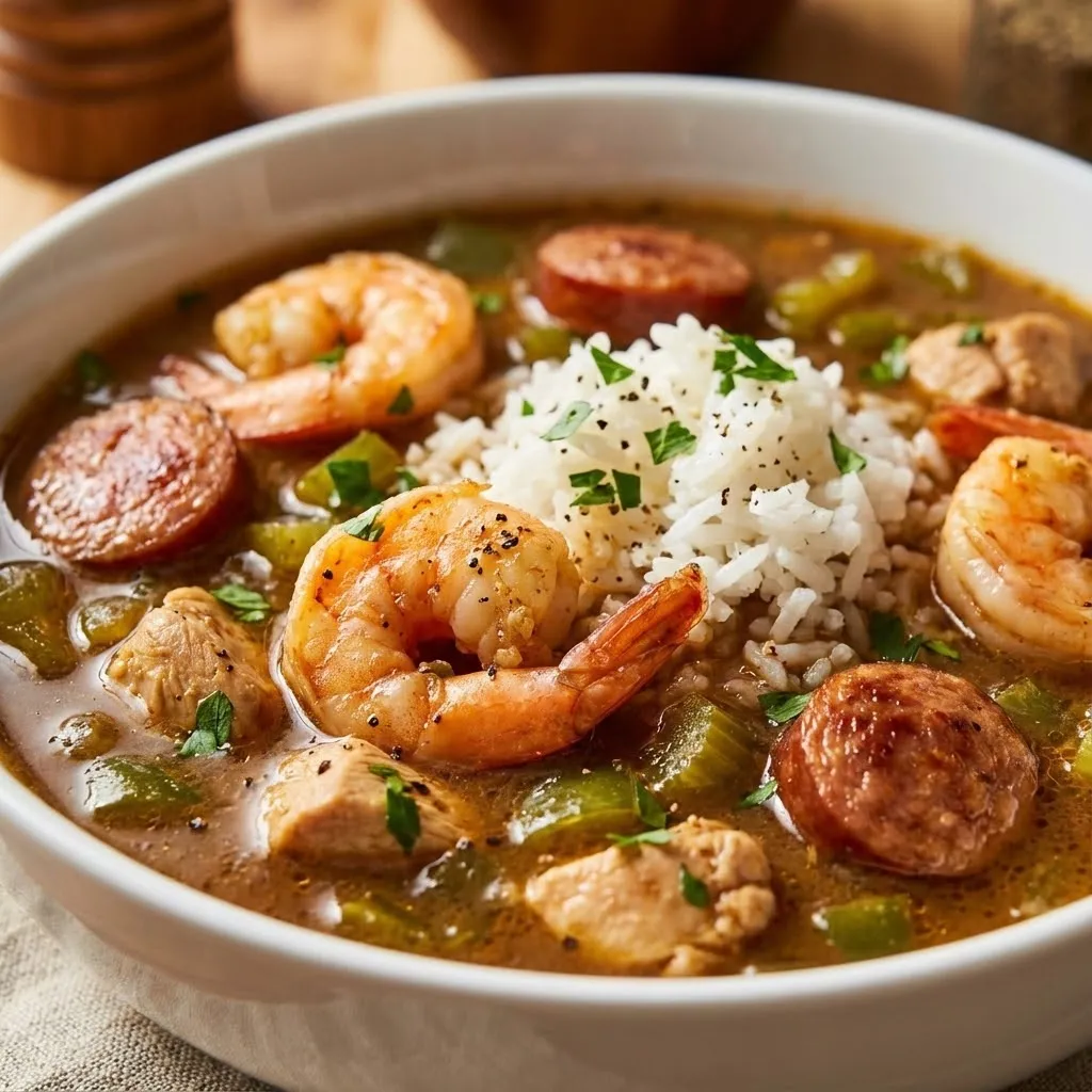 A bowl of soup with shrimp, rice and sausage.