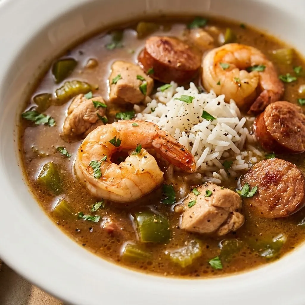 A bowl of soup with shrimp and sausage.