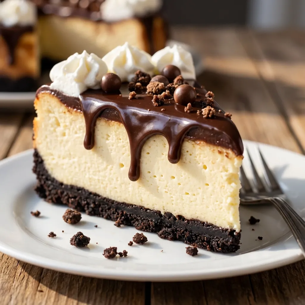 A slice of cheesecake with chocolate drizzle.