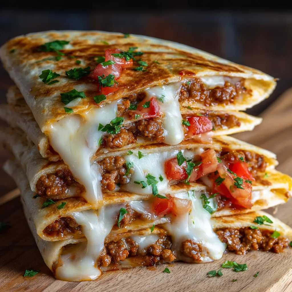 A stack of three quesadillas with cheese and tomatoes.