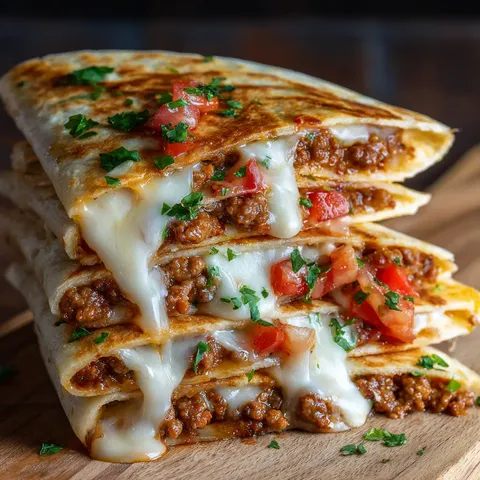 A stack of three quesadillas with cheese and tomatoes.