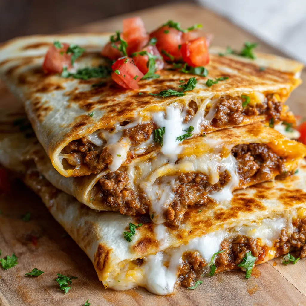 A stack of three burritos with tomatoes and cheese.
