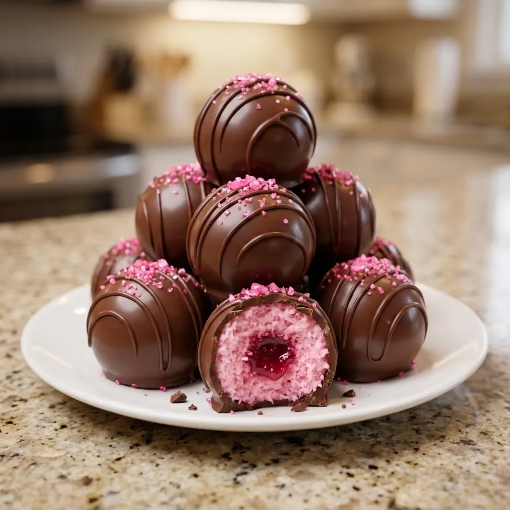 A plate of chocolate cake with pink frosting and chocolate balls.