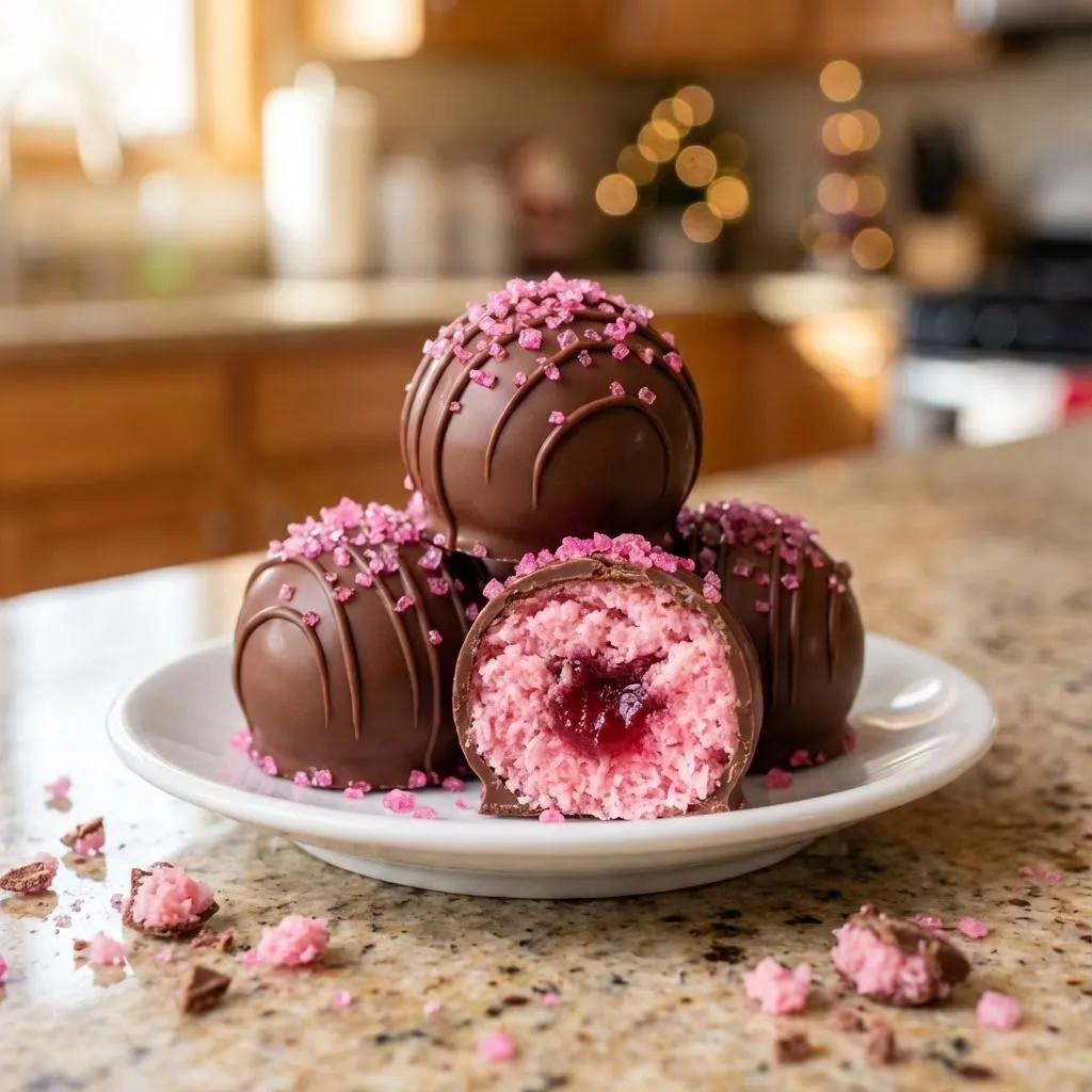 A plate of chocolate covered marshmallows.