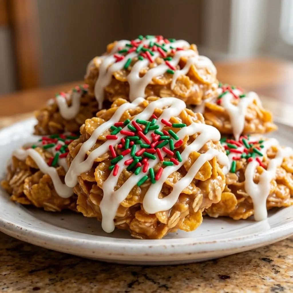 A plate of cereal with white icing and red and green sprinkles.