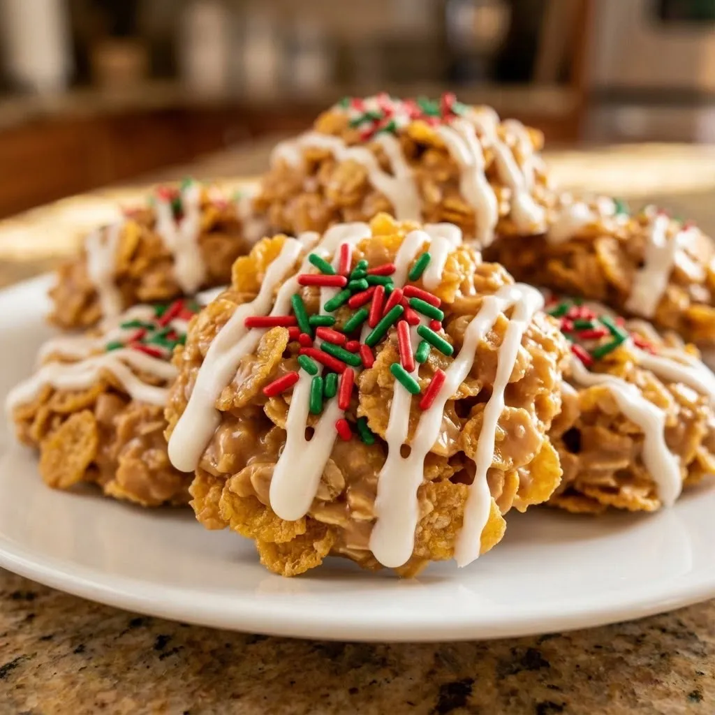 A plate of cereal treats with white icing and red and green sprinkles.