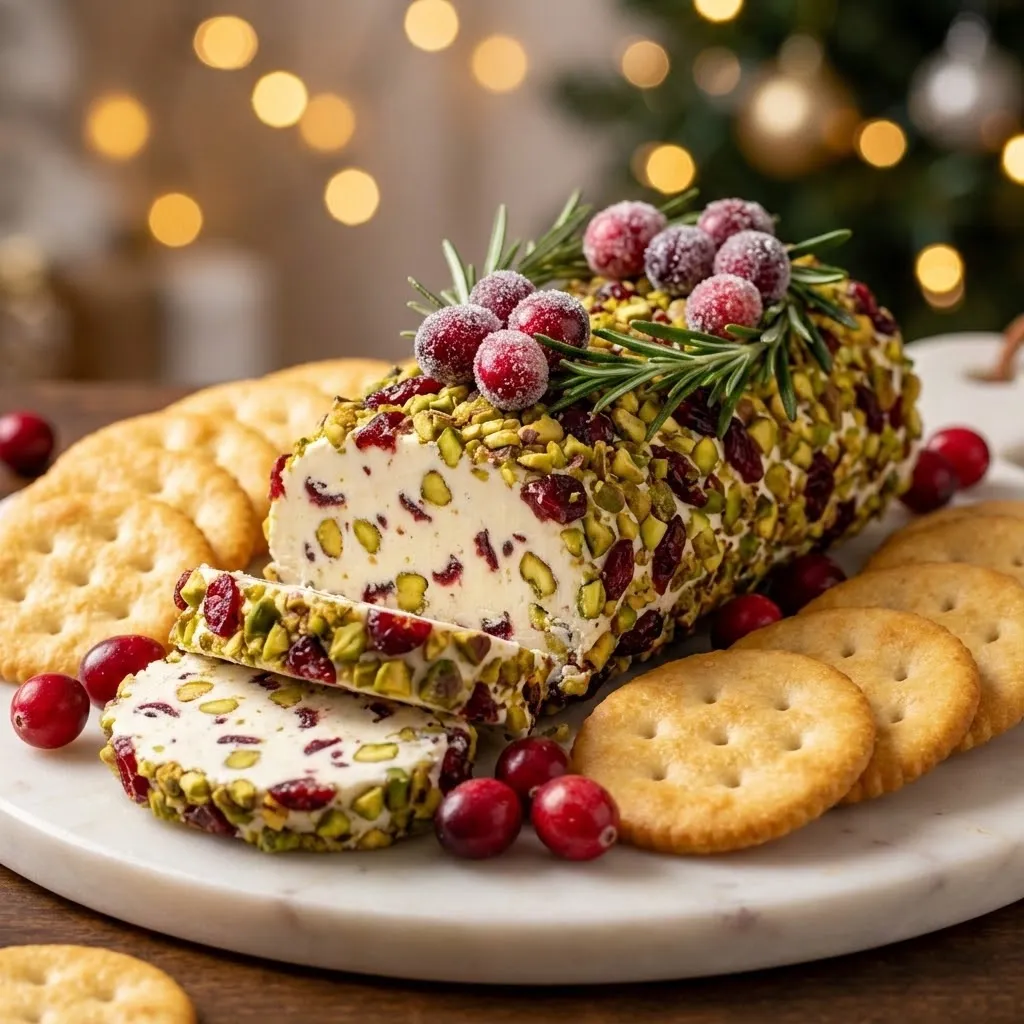 A plate of food with a cheese log and crackers.