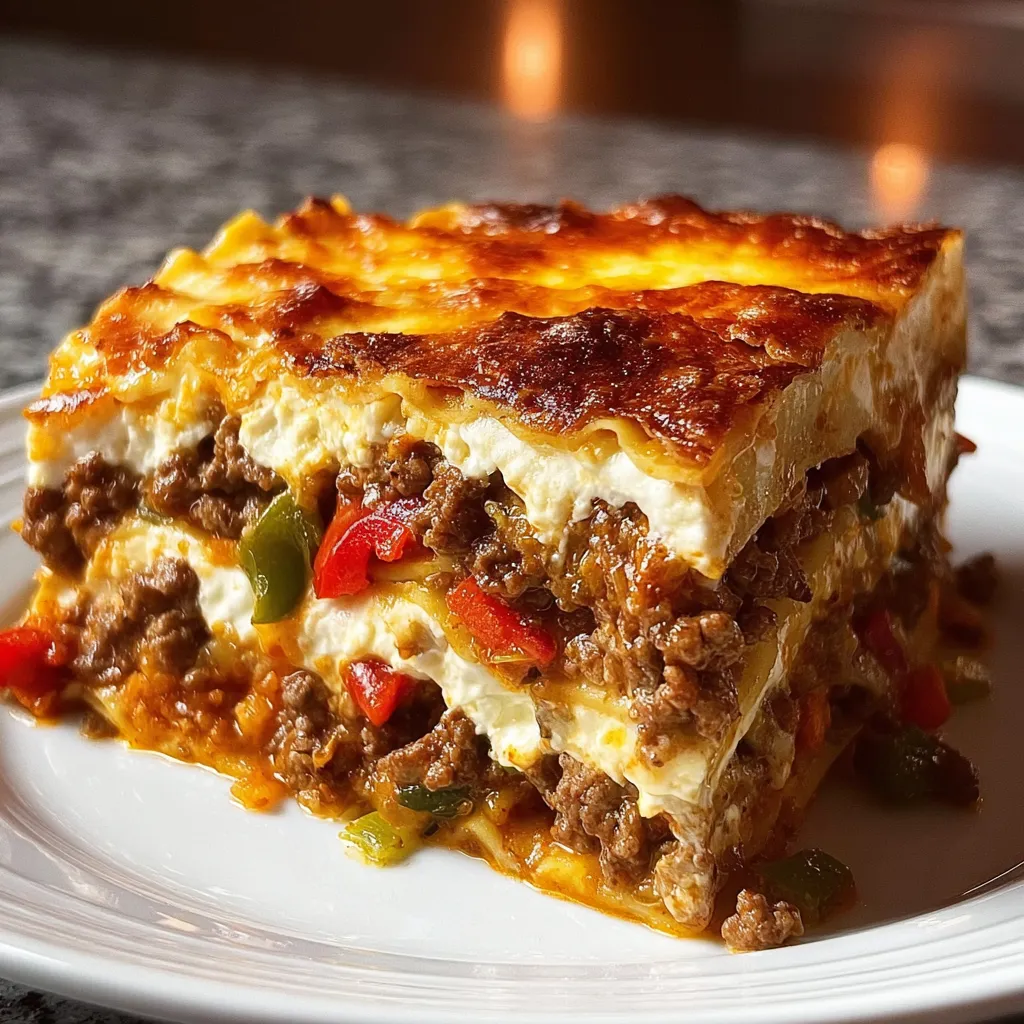 A slice of lasagna on a plate.