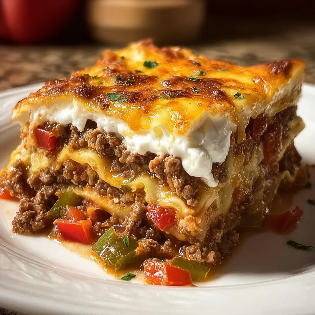 A slice of lasagna on a white plate.