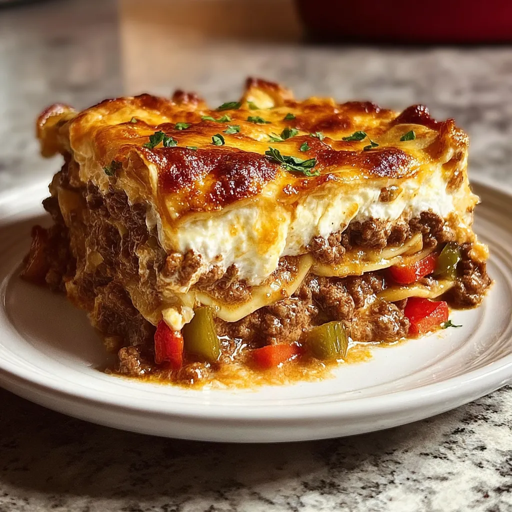 A white plate with a casserole on it.