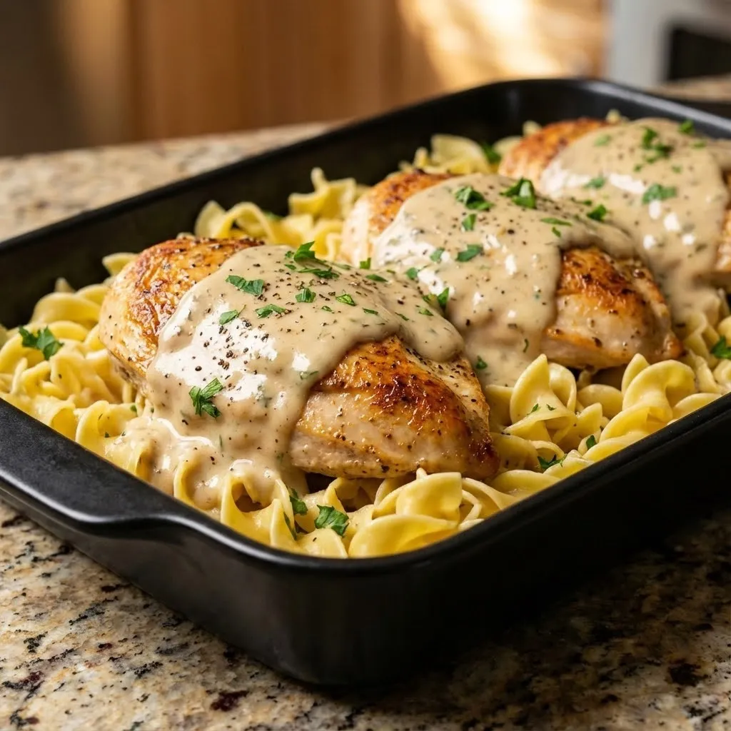 A pan of chicken with sauce on a counter.