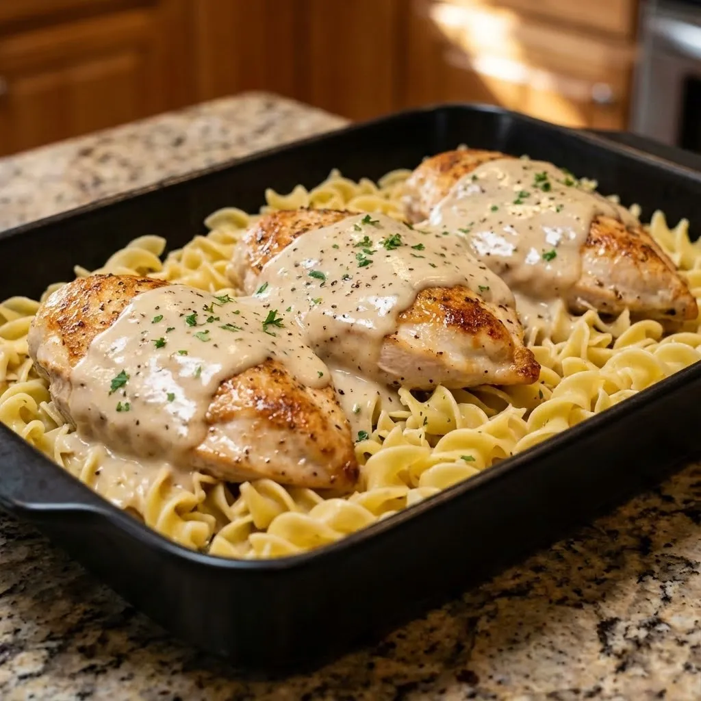 A pan of chicken and noodles.