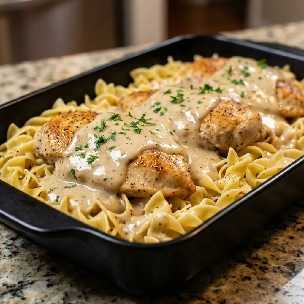 A dish of chicken and pasta.