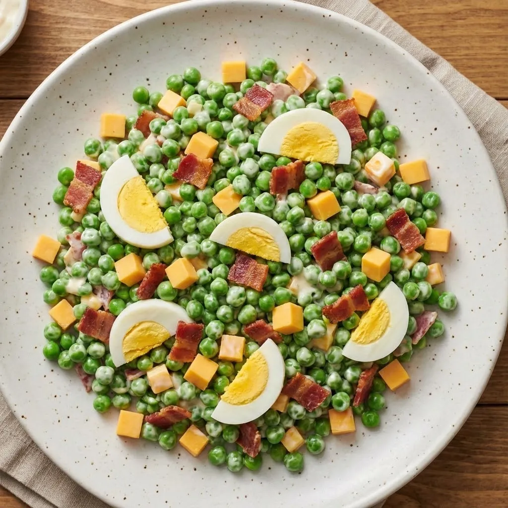 A plate of food with eggs, peas, and bacon.