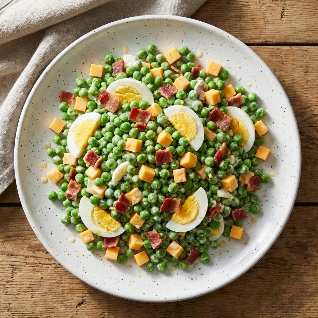 A plate of food with eggs, peas, and bacon.