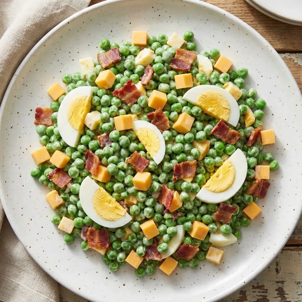 A plate of food with eggs, bacon, and peas.