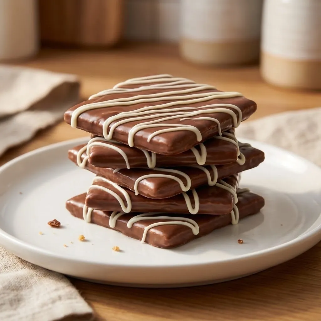 A stack of chocolate bars with white icing.