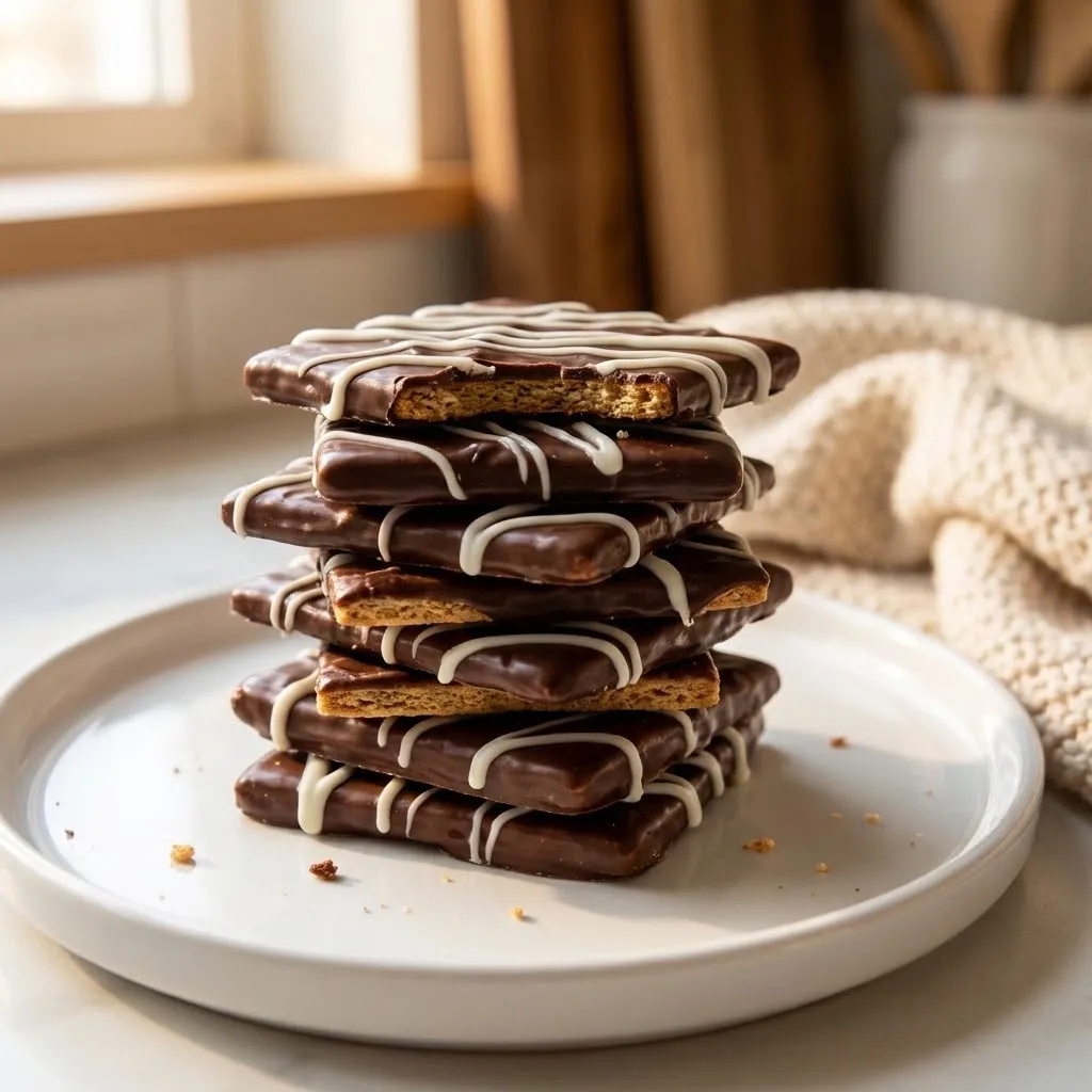 A stack of chocolate bars with white icing.