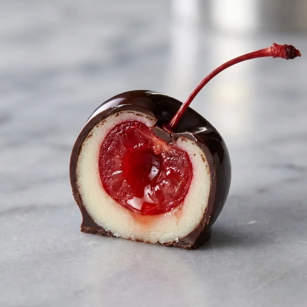A chocolate cherry truffle on a marble counter.
