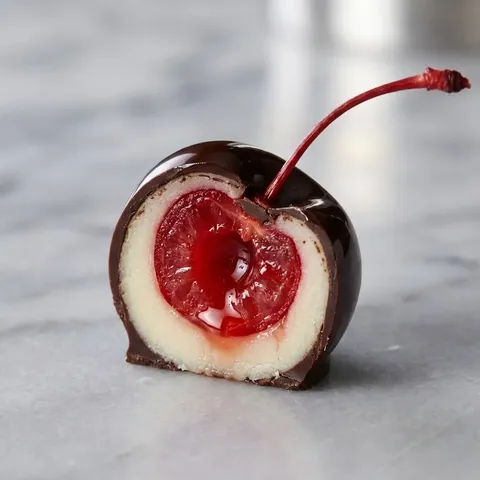 A chocolate cherry truffle on a marble counter.