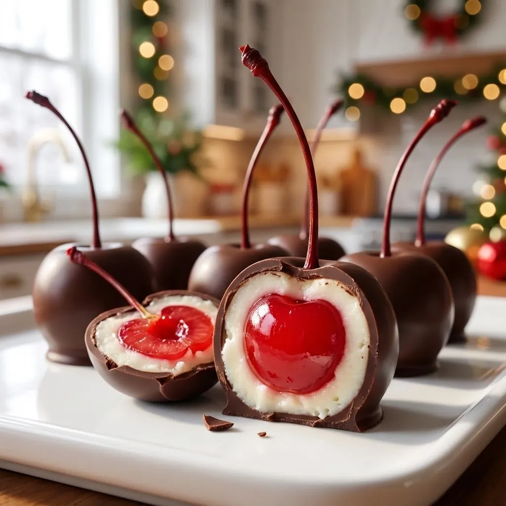 A plate of chocolate covered cherries.