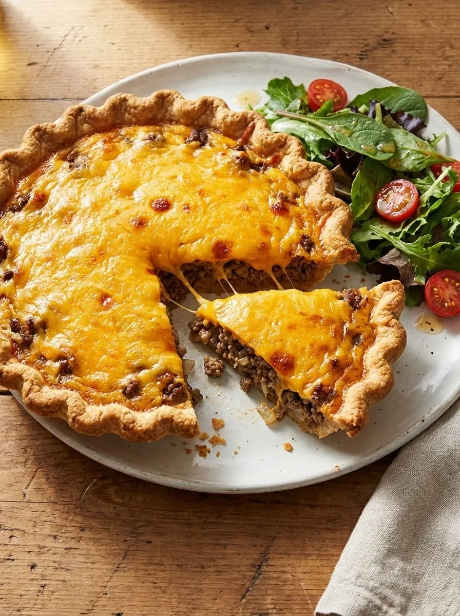 A slice of cheese and meat pie.