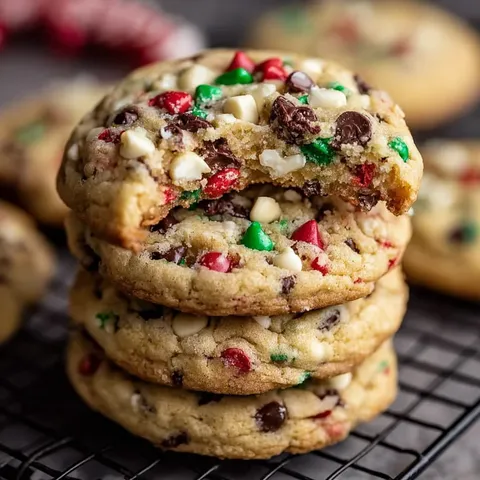 A stack of cookies with red and green sprinkles.
