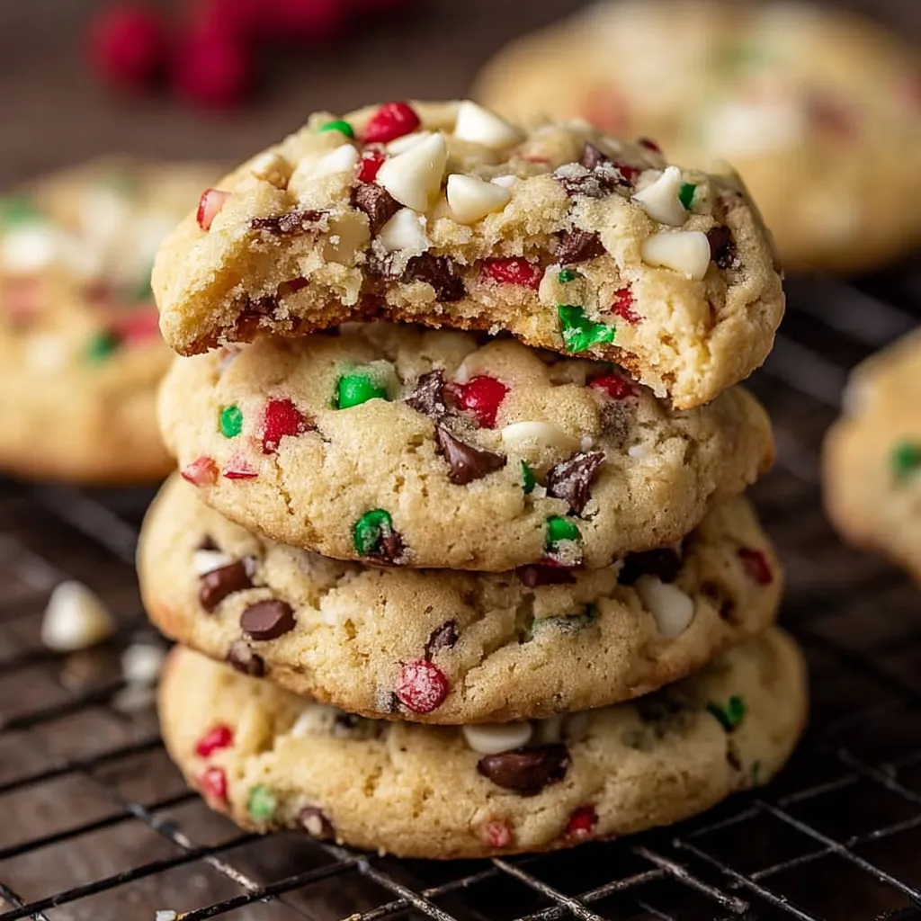 A stack of cookies with white, red and green sprinkles.