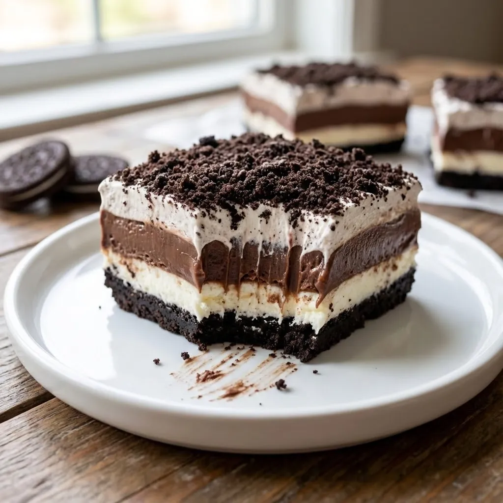 A slice of chocolate cake with white frosting.