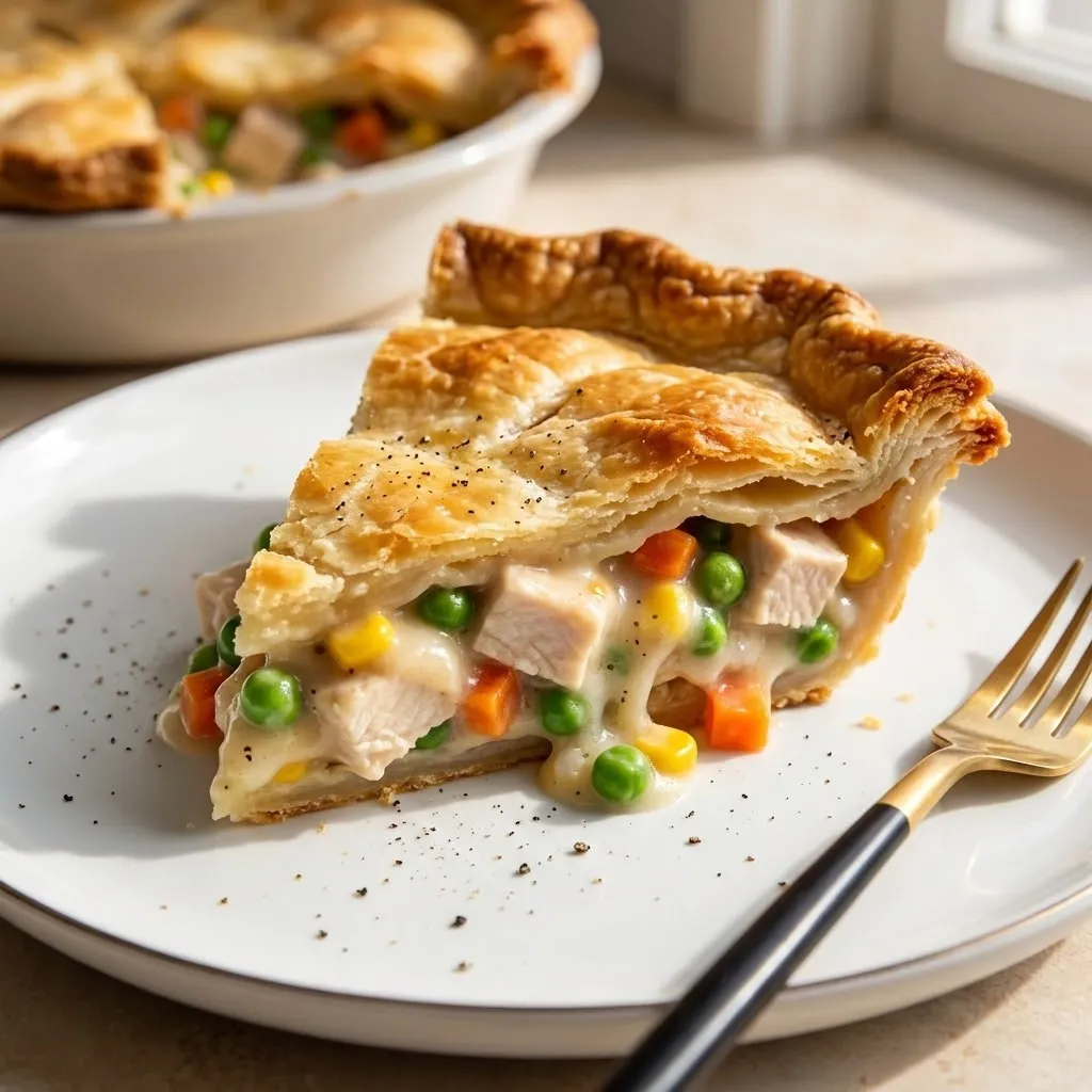 A slice of pie with chicken and peas.