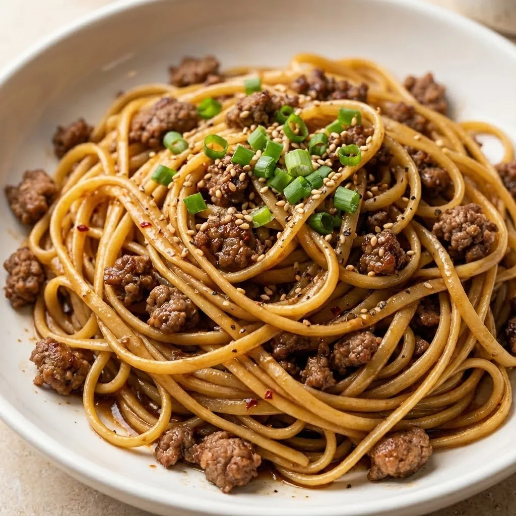 A bowl of noodles with meat and vegetables.
