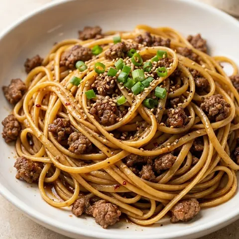 A bowl of noodles with meat and vegetables.