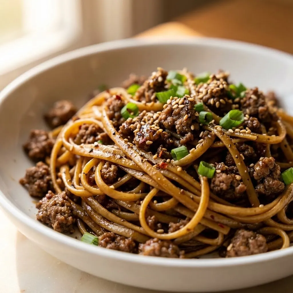 A bowl of noodles with meat and vegetables.