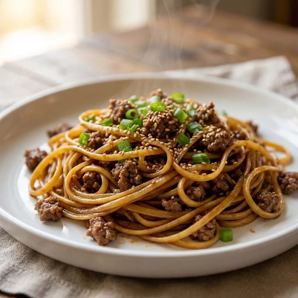 A plate of noodles with meat and vegetables.