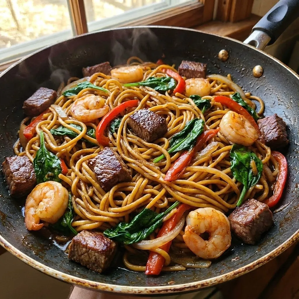 A bowl of noodles with meat and vegetables.