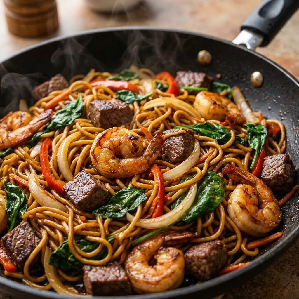 A pan of food with shrimp, meat, and vegetables.