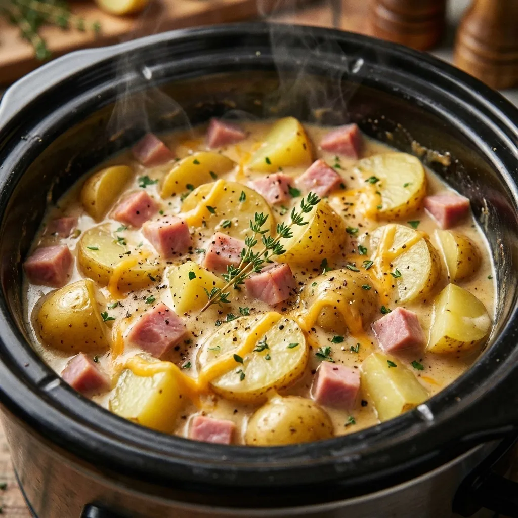 A pot of food with meat and potatoes.