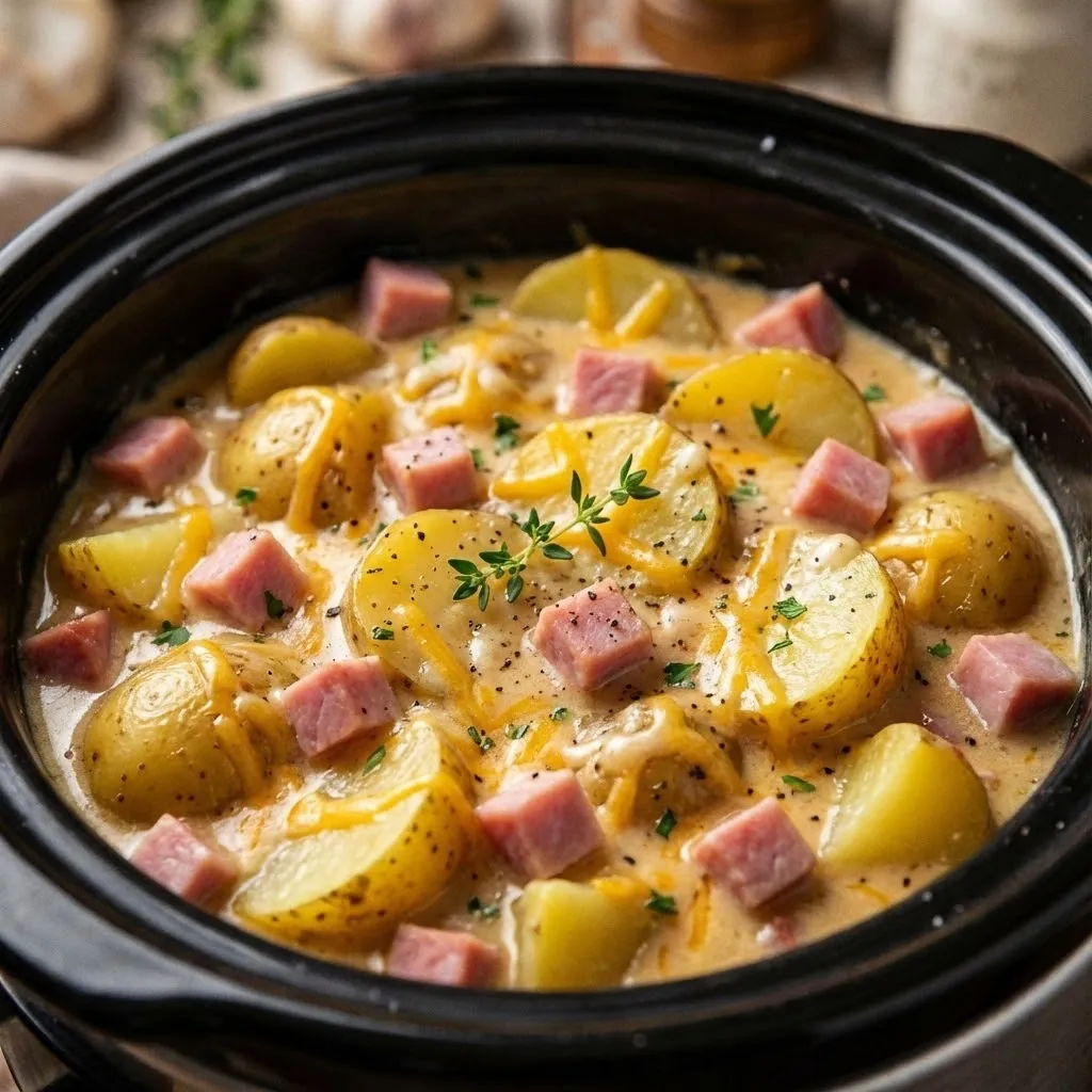 A bowl of creamy food with potatoes and ham.
