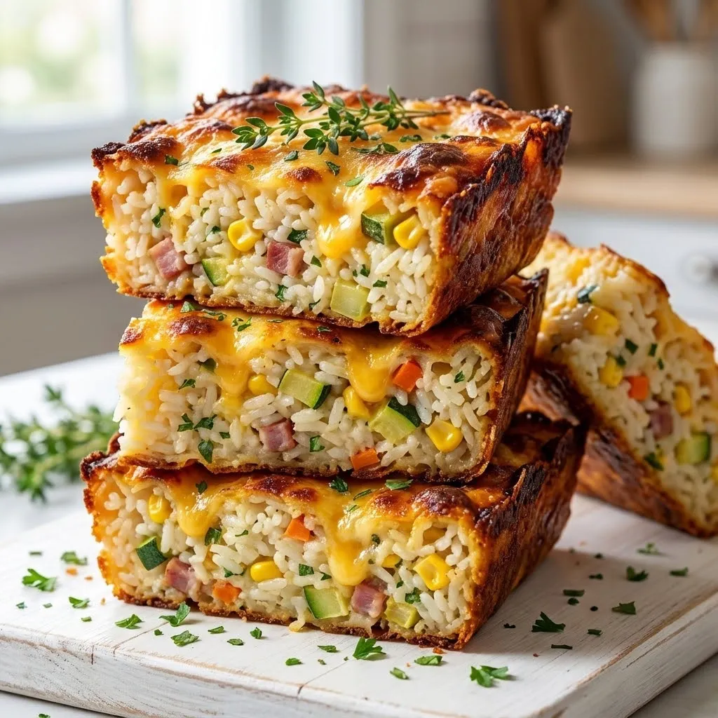 A stack of rice casserole with vegetables.