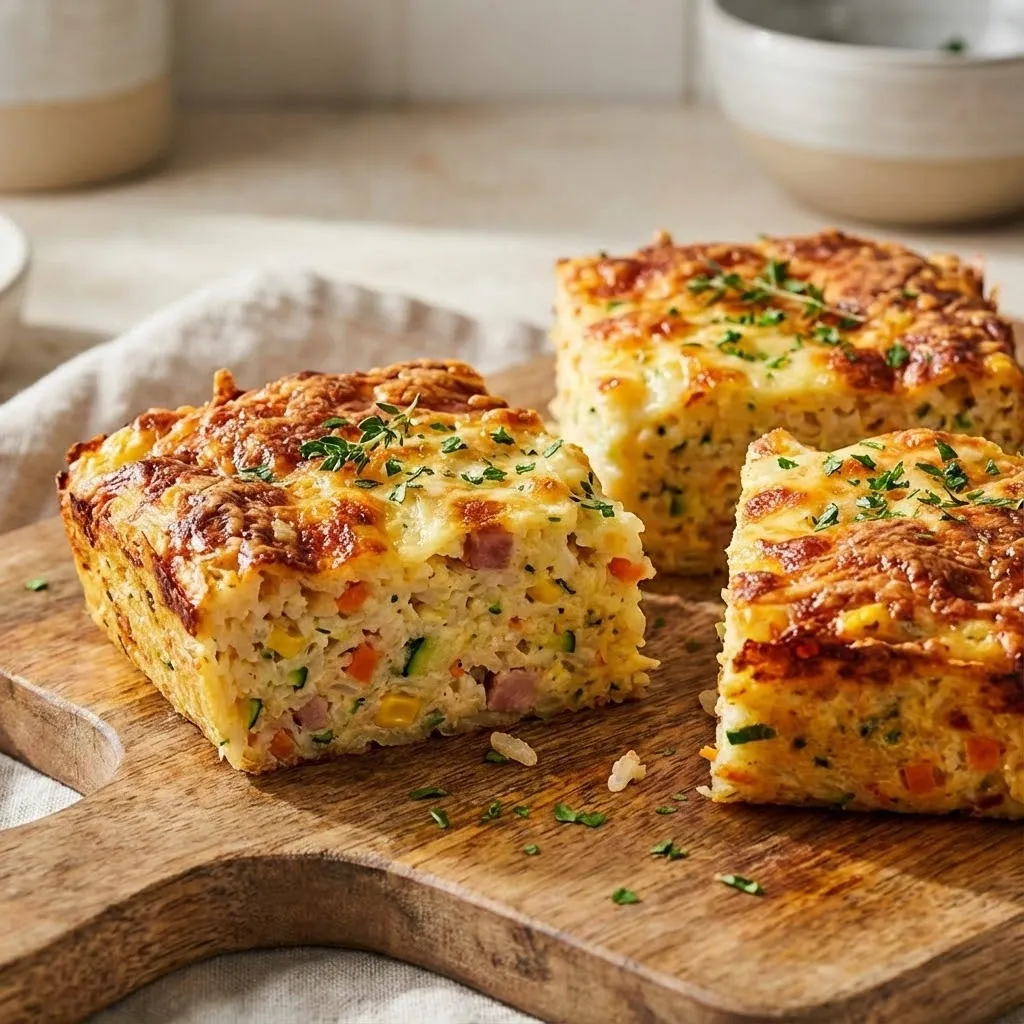 A slice of quiche on a cutting board.