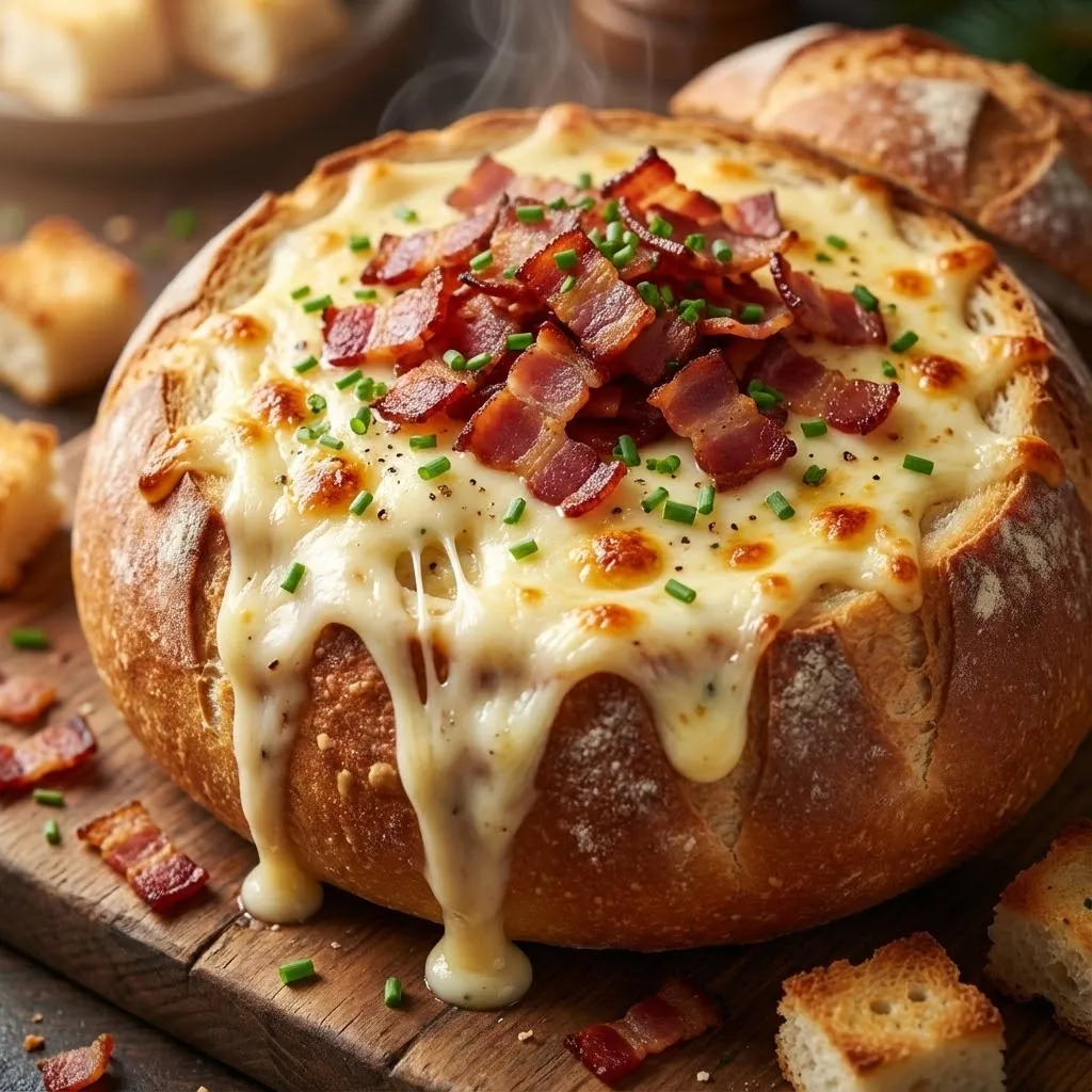 A cheesy bread bowl with bacon bits.
