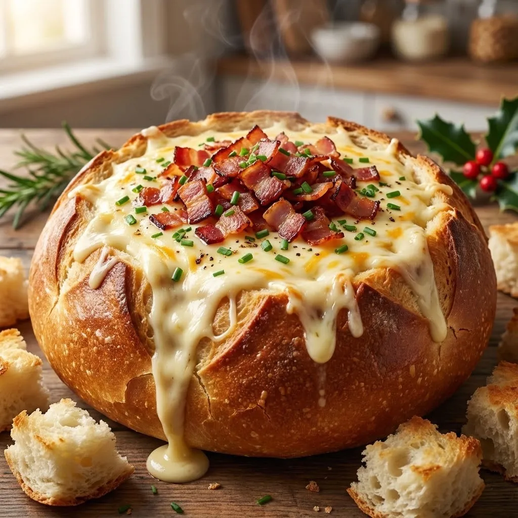A cheesy baked dish with bacon on top.